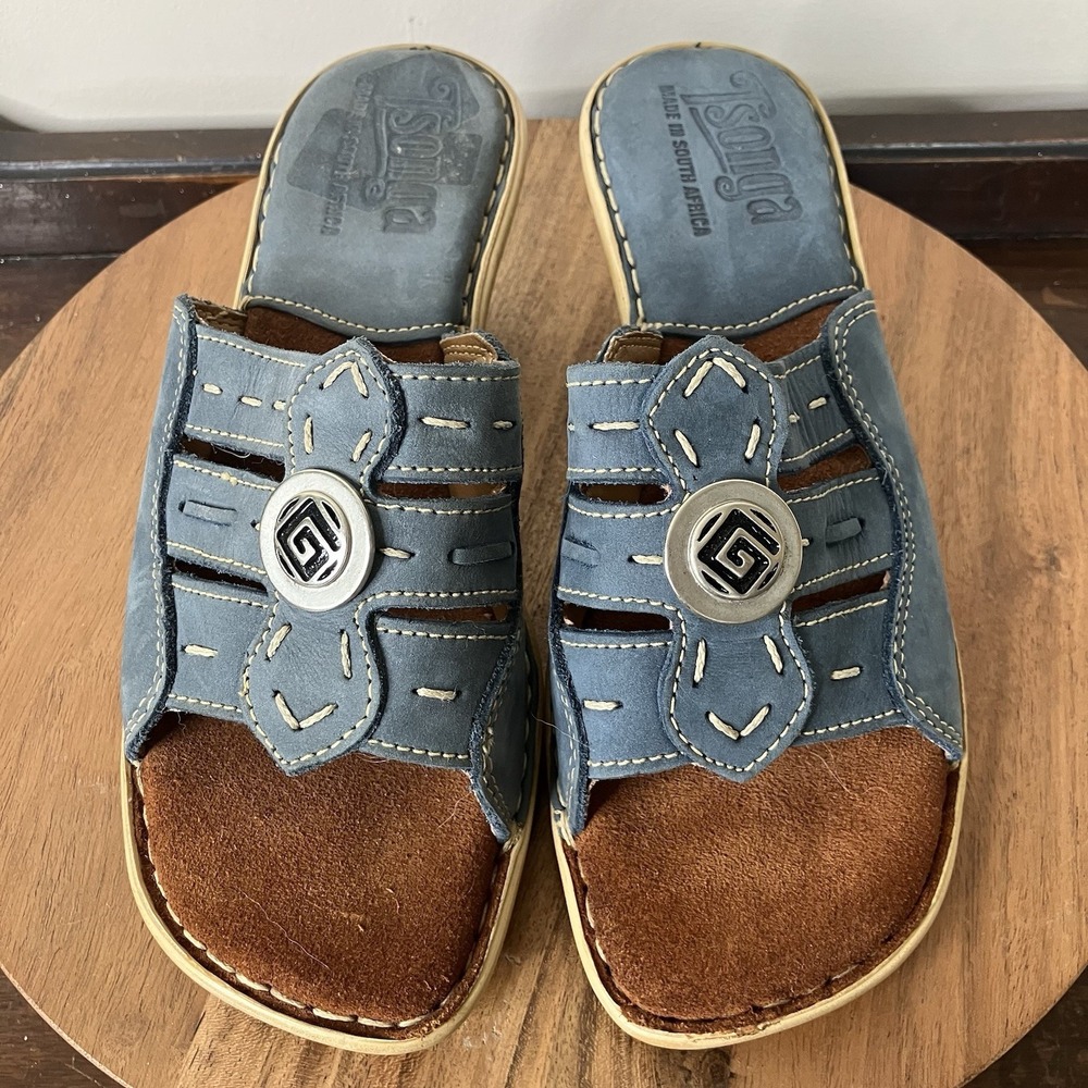 Tsonga Blue Leather Mule Heels Sandals Sz 36 US 5.5-6 Boho Tribal Made in Africa